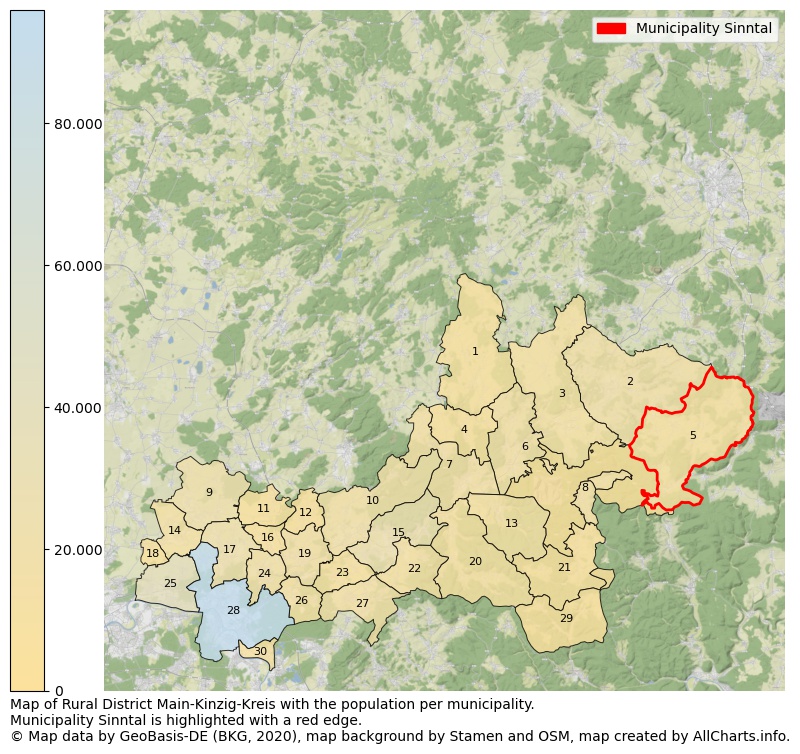 Map of Rural district Main-Kinzig-Kreis with the population per municipality.Municipality Sinntal is highlighted with a red edge.. This page shows a lot of information about residents (such as the distribution by age groups, family composition, gender, native or German with an immigration background, ...), homes (numbers, types, price development, use, type of property, ...) and more (car ownership, energy consumption, ...) based on open data from the German Federal Agency for Cartography, the Federal Statistical Office (DESTATIS), the Regional Statistical Offices and various other sources!