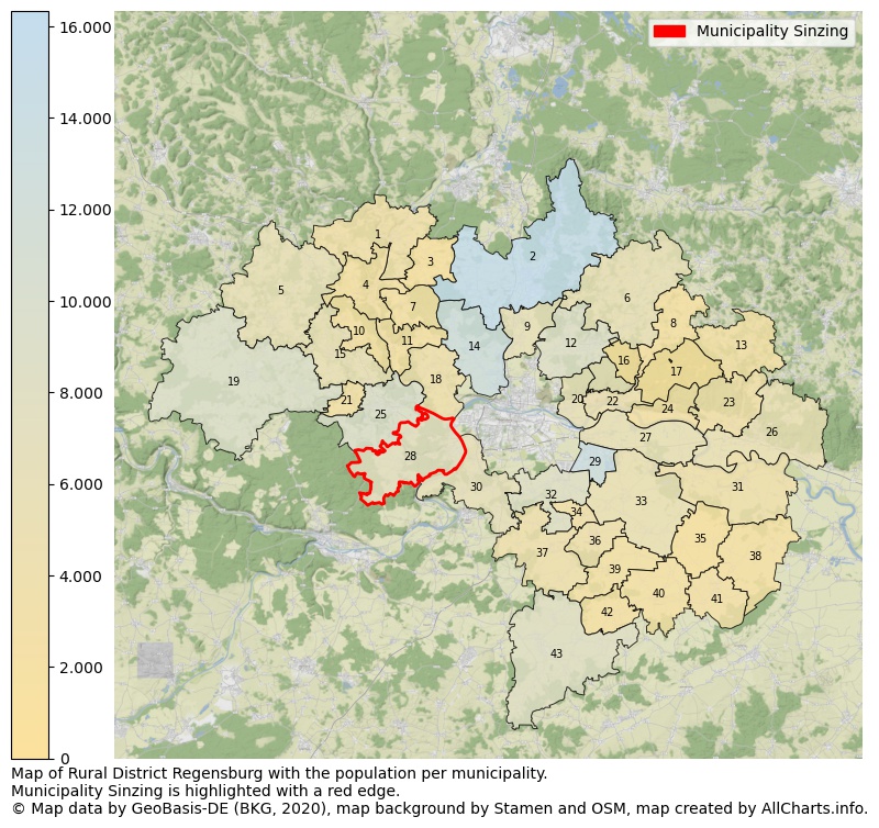 Map of Rural district Regensburg with the population per municipality.Municipality Sinzing is highlighted with a red edge.. This page shows a lot of information about residents (such as the distribution by age groups, family composition, gender, native or German with an immigration background, ...), homes (numbers, types, price development, use, type of property, ...) and more (car ownership, energy consumption, ...) based on open data from the German Federal Agency for Cartography, the Federal Statistical Office (DESTATIS), the Regional Statistical Offices and various other sources!