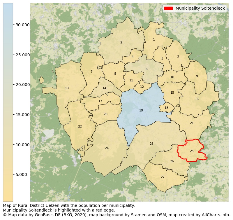 Map of Rural district Uelzen with the population per municipality.Municipality Soltendieck is highlighted with a red edge.. This page shows a lot of information about residents (such as the distribution by age groups, family composition, gender, native or German with an immigration background, ...), homes (numbers, types, price development, use, type of property, ...) and more (car ownership, energy consumption, ...) based on open data from the German Federal Agency for Cartography, the Federal Statistical Office (DESTATIS), the Regional Statistical Offices and various other sources!