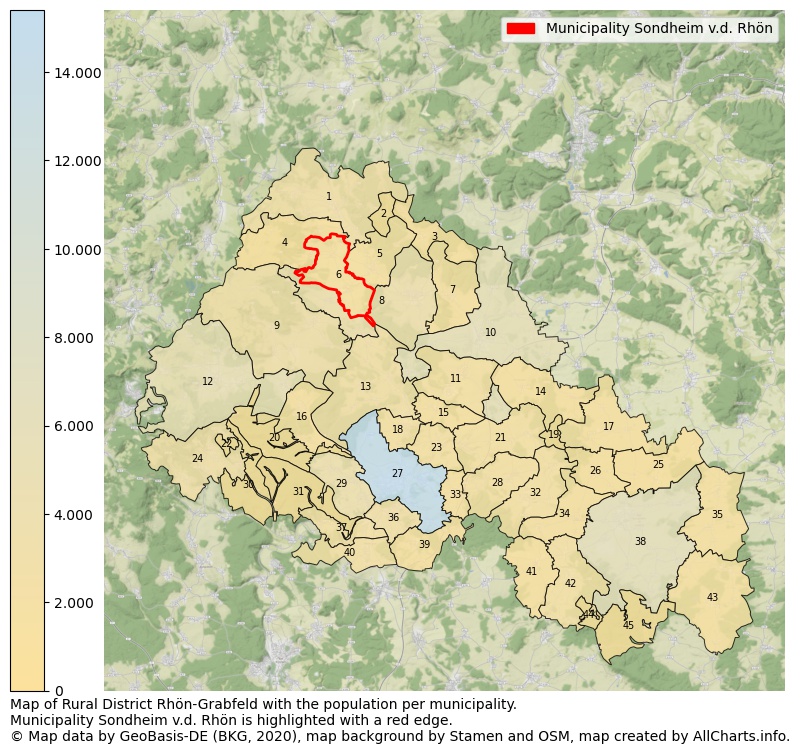 Map of Rural district Rhön-Grabfeld with the population per municipality.Municipality Sondheim v.d. Rhön is highlighted with a red edge.. This page shows a lot of information about residents (such as the distribution by age groups, family composition, gender, native or German with an immigration background, ...), homes (numbers, types, price development, use, type of property, ...) and more (car ownership, energy consumption, ...) based on open data from the German Federal Agency for Cartography, the Federal Statistical Office (DESTATIS), the Regional Statistical Offices and various other sources!