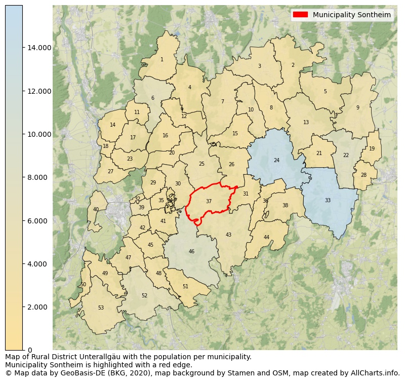 Map of Rural district Unterallgäu with the population per municipality.Municipality Sontheim is highlighted with a red edge.. This page shows a lot of information about residents (such as the distribution by age groups, family composition, gender, native or German with an immigration background, ...), homes (numbers, types, price development, use, type of property, ...) and more (car ownership, energy consumption, ...) based on open data from the German Federal Agency for Cartography, the Federal Statistical Office (DESTATIS), the Regional Statistical Offices and various other sources!