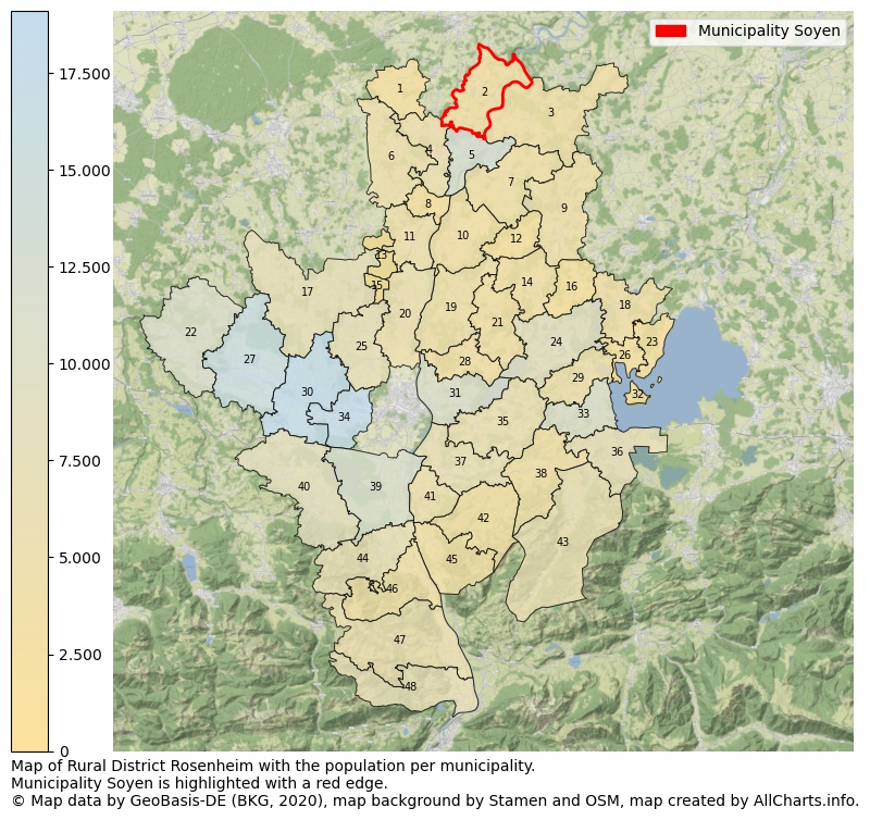 Map of Rural district Rosenheim with the population per municipality.Municipality Soyen is highlighted with a red edge.. This page shows a lot of information about residents (such as the distribution by age groups, family composition, gender, native or German with an immigration background, ...), homes (numbers, types, price development, use, type of property, ...) and more (car ownership, energy consumption, ...) based on open data from the German Federal Agency for Cartography, the Federal Statistical Office (DESTATIS), the Regional Statistical Offices and various other sources!