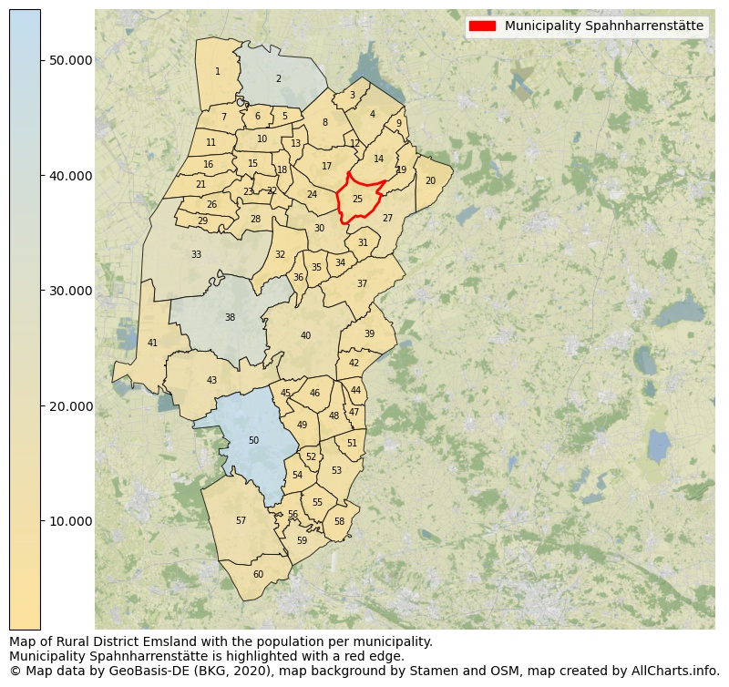 Map of Rural district Emsland with the population per municipality.Municipality Spahnharrenstätte is highlighted with a red edge.. This page shows a lot of information about residents (such as the distribution by age groups, family composition, gender, native or German with an immigration background, ...), homes (numbers, types, price development, use, type of property, ...) and more (car ownership, energy consumption, ...) based on open data from the German Federal Agency for Cartography, the Federal Statistical Office (DESTATIS), the Regional Statistical Offices and various other sources!