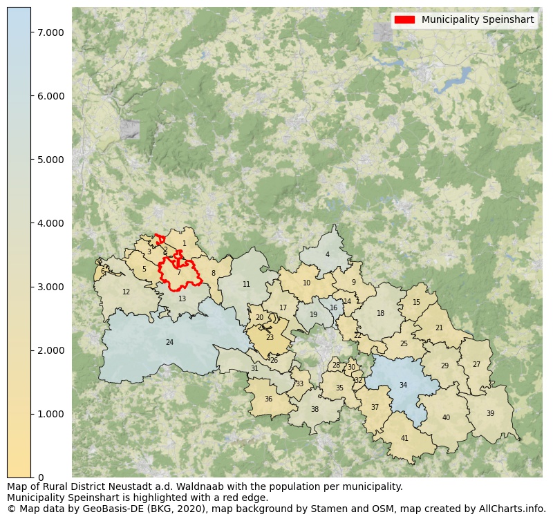 Map of Rural district Neustadt a.d. Waldnaab with the population per municipality.Municipality Speinshart is highlighted with a red edge.. This page shows a lot of information about residents (such as the distribution by age groups, family composition, gender, native or German with an immigration background, ...), homes (numbers, types, price development, use, type of property, ...) and more (car ownership, energy consumption, ...) based on open data from the German Federal Agency for Cartography, the Federal Statistical Office (DESTATIS), the Regional Statistical Offices and various other sources!