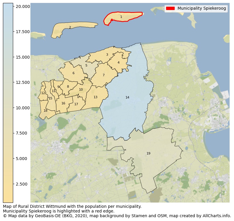Map of Rural district Wittmund with the population per municipality.Municipality Spiekeroog is highlighted with a red edge.. This page shows a lot of information about residents (such as the distribution by age groups, family composition, gender, native or German with an immigration background, ...), homes (numbers, types, price development, use, type of property, ...) and more (car ownership, energy consumption, ...) based on open data from the German Federal Agency for Cartography, the Federal Statistical Office (DESTATIS), the Regional Statistical Offices and various other sources!