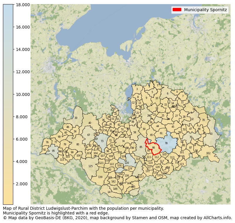 Map of Rural district Ludwigslust-Parchim with the population per municipality.Municipality Spornitz is highlighted with a red edge.. This page shows a lot of information about residents (such as the distribution by age groups, family composition, gender, native or German with an immigration background, ...), homes (numbers, types, price development, use, type of property, ...) and more (car ownership, energy consumption, ...) based on open data from the German Federal Agency for Cartography, the Federal Statistical Office (DESTATIS), the Regional Statistical Offices and various other sources!