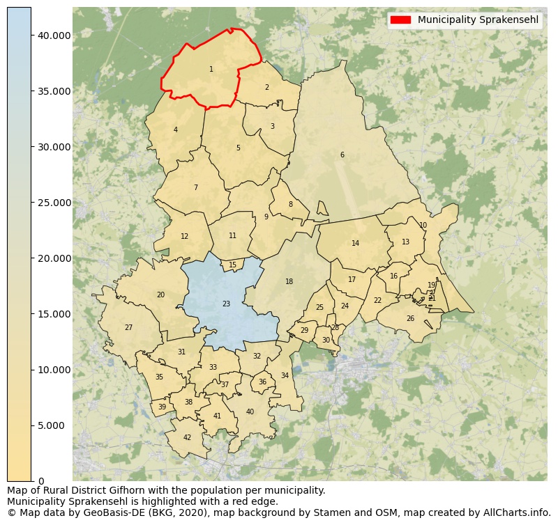 Map of Rural district Gifhorn with the population per municipality.Municipality Sprakensehl is highlighted with a red edge.. This page shows a lot of information about residents (such as the distribution by age groups, family composition, gender, native or German with an immigration background, ...), homes (numbers, types, price development, use, type of property, ...) and more (car ownership, energy consumption, ...) based on open data from the German Federal Agency for Cartography, the Federal Statistical Office (DESTATIS), the Regional Statistical Offices and various other sources!