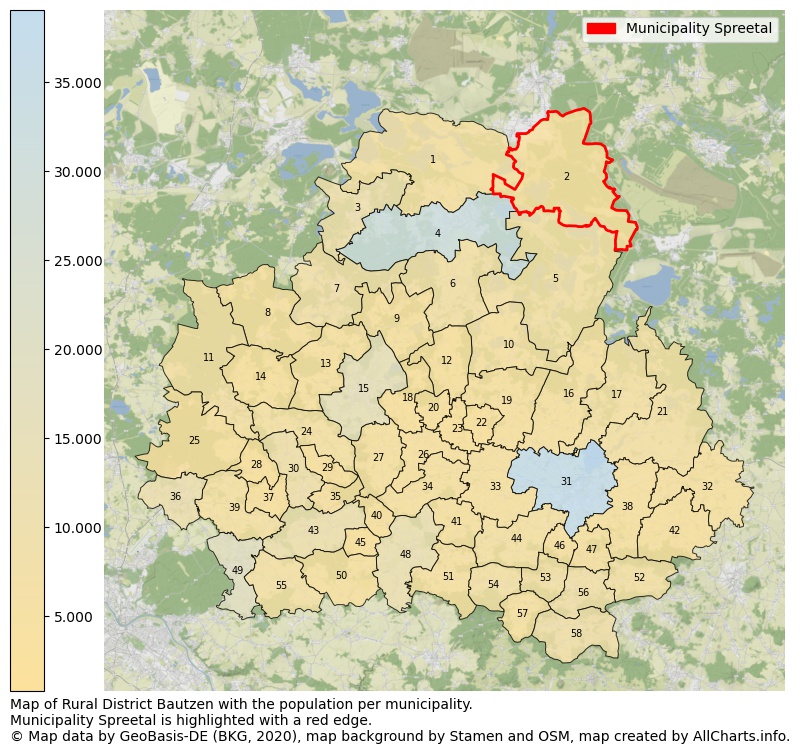 Map of Rural district Bautzen with the population per municipality.Municipality Spreetal is highlighted with a red edge.. This page shows a lot of information about residents (such as the distribution by age groups, family composition, gender, native or German with an immigration background, ...), homes (numbers, types, price development, use, type of property, ...) and more (car ownership, energy consumption, ...) based on open data from the German Federal Agency for Cartography, the Federal Statistical Office (DESTATIS), the Regional Statistical Offices and various other sources!