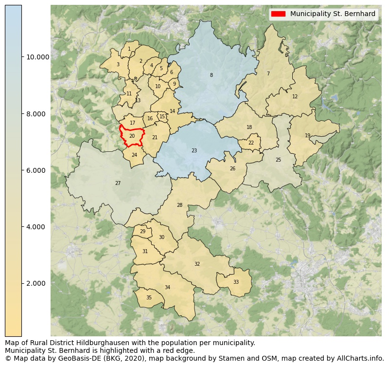 Map of Rural district Hildburghausen with the population per municipality.Municipality St. Bernhard is highlighted with a red edge.. This page shows a lot of information about residents (such as the distribution by age groups, family composition, gender, native or German with an immigration background, ...), homes (numbers, types, price development, use, type of property, ...) and more (car ownership, energy consumption, ...) based on open data from the German Federal Agency for Cartography, the Federal Statistical Office (DESTATIS), the Regional Statistical Offices and various other sources!