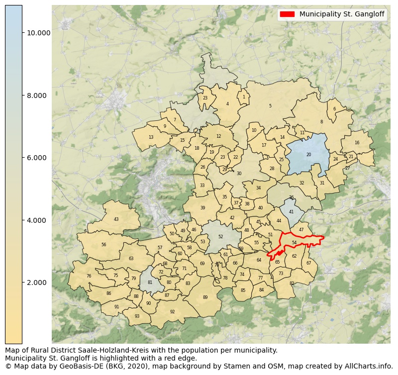 Map of Rural district Saale-Holzland-Kreis with the population per municipality.Municipality St. Gangloff is highlighted with a red edge.. This page shows a lot of information about residents (such as the distribution by age groups, family composition, gender, native or German with an immigration background, ...), homes (numbers, types, price development, use, type of property, ...) and more (car ownership, energy consumption, ...) based on open data from the German Federal Agency for Cartography, the Federal Statistical Office (DESTATIS), the Regional Statistical Offices and various other sources!