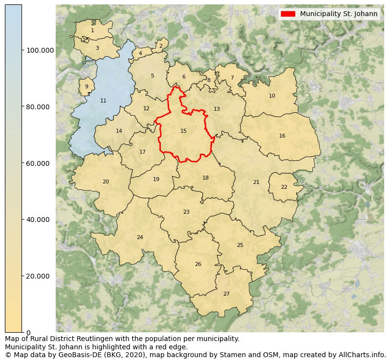 Map of Rural district Reutlingen with the population per municipality.Municipality St. Johann is highlighted with a red edge.. This page shows a lot of information about residents (such as the distribution by age groups, family composition, gender, native or German with an immigration background, ...), homes (numbers, types, price development, use, type of property, ...) and more (car ownership, energy consumption, ...) based on open data from the German Federal Agency for Cartography, the Federal Statistical Office (DESTATIS), the Regional Statistical Offices and various other sources!