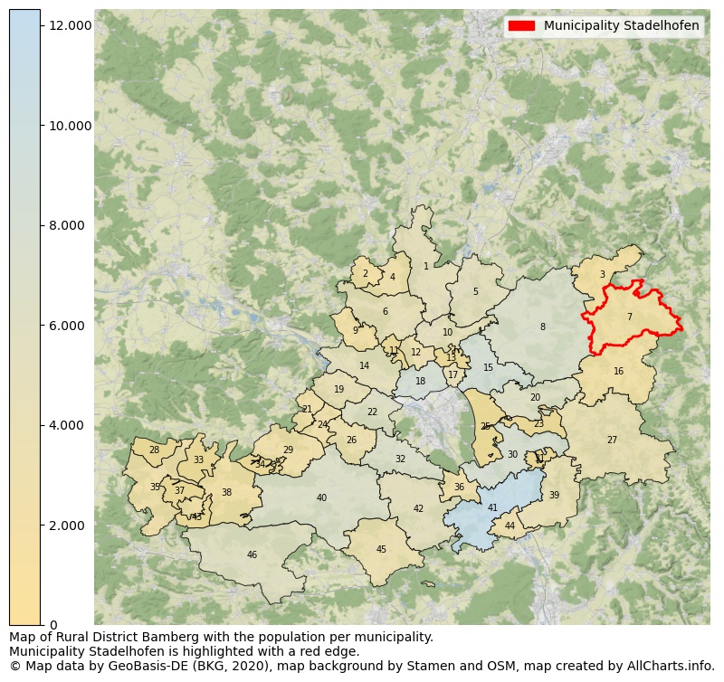 Map of Rural district Bamberg with the population per municipality.Municipality Stadelhofen is highlighted with a red edge.. This page shows a lot of information about residents (such as the distribution by age groups, family composition, gender, native or German with an immigration background, ...), homes (numbers, types, price development, use, type of property, ...) and more (car ownership, energy consumption, ...) based on open data from the German Federal Agency for Cartography, the Federal Statistical Office (DESTATIS), the Regional Statistical Offices and various other sources!