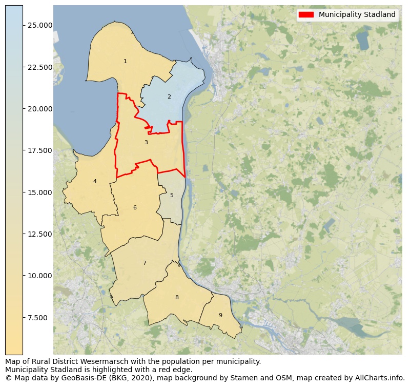 Map of Rural district Wesermarsch with the population per municipality.Municipality Stadland is highlighted with a red edge.. This page shows a lot of information about residents (such as the distribution by age groups, family composition, gender, native or German with an immigration background, ...), homes (numbers, types, price development, use, type of property, ...) and more (car ownership, energy consumption, ...) based on open data from the German Federal Agency for Cartography, the Federal Statistical Office (DESTATIS), the Regional Statistical Offices and various other sources!