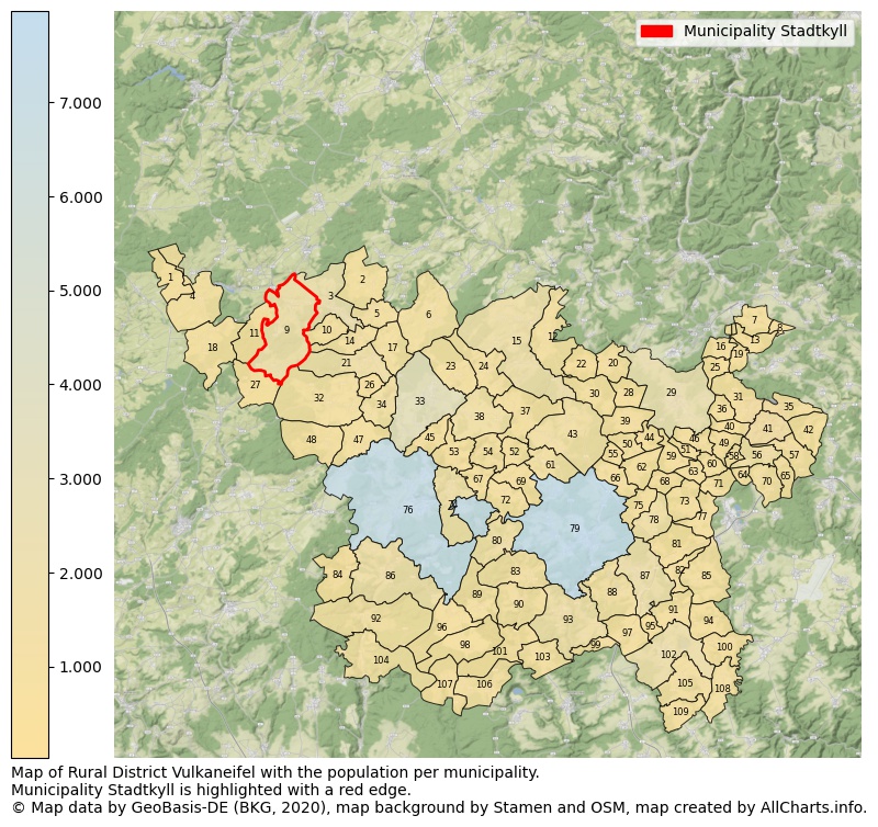 Map of Rural district Vulkaneifel with the population per municipality.Municipality Stadtkyll is highlighted with a red edge.. This page shows a lot of information about residents (such as the distribution by age groups, family composition, gender, native or German with an immigration background, ...), homes (numbers, types, price development, use, type of property, ...) and more (car ownership, energy consumption, ...) based on open data from the German Federal Agency for Cartography, the Federal Statistical Office (DESTATIS), the Regional Statistical Offices and various other sources!
