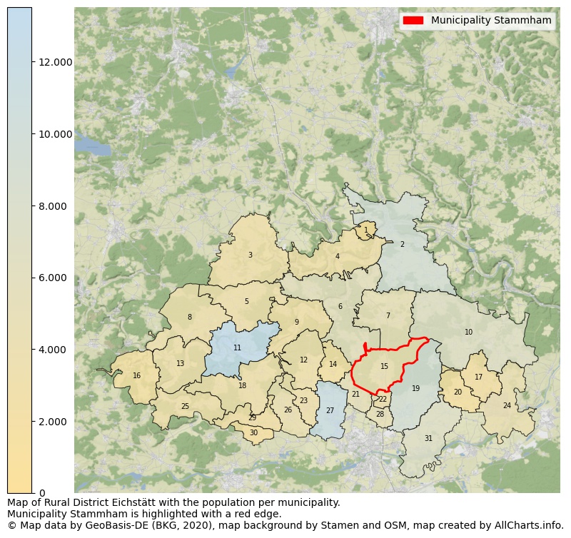 Map of Rural district Eichstätt with the population per municipality.Municipality Stammham is highlighted with a red edge.. This page shows a lot of information about residents (such as the distribution by age groups, family composition, gender, native or German with an immigration background, ...), homes (numbers, types, price development, use, type of property, ...) and more (car ownership, energy consumption, ...) based on open data from the German Federal Agency for Cartography, the Federal Statistical Office (DESTATIS), the Regional Statistical Offices and various other sources!