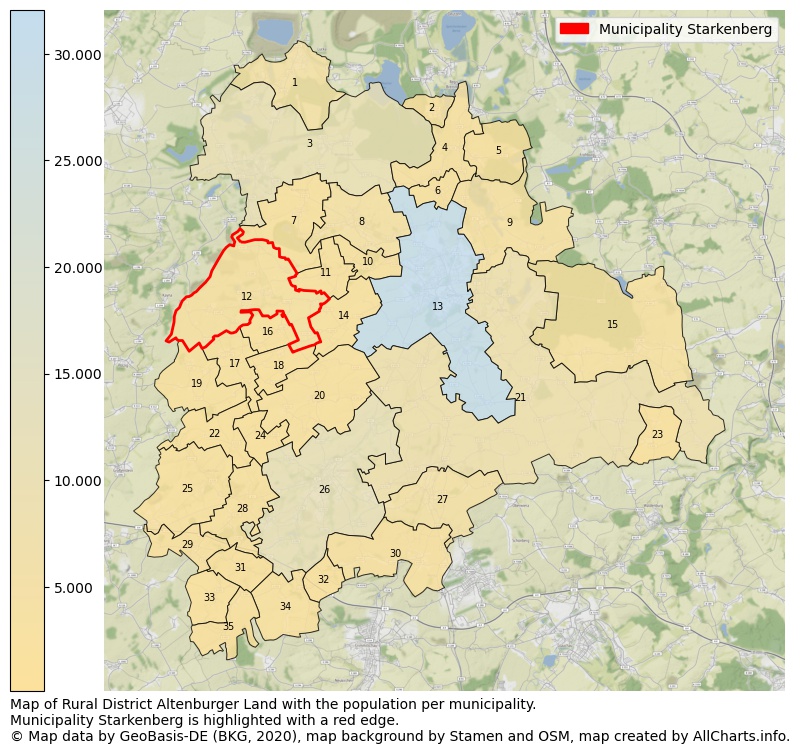 Map of Rural district Altenburger Land with the population per municipality.Municipality Starkenberg is highlighted with a red edge.. This page shows a lot of information about residents (such as the distribution by age groups, family composition, gender, native or German with an immigration background, ...), homes (numbers, types, price development, use, type of property, ...) and more (car ownership, energy consumption, ...) based on open data from the German Federal Agency for Cartography, the Federal Statistical Office (DESTATIS), the Regional Statistical Offices and various other sources!