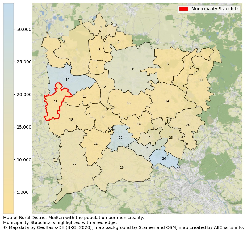 Map of Rural district Meißen with the population per municipality.Municipality Stauchitz is highlighted with a red edge.. This page shows a lot of information about residents (such as the distribution by age groups, family composition, gender, native or German with an immigration background, ...), homes (numbers, types, price development, use, type of property, ...) and more (car ownership, energy consumption, ...) based on open data from the German Federal Agency for Cartography, the Federal Statistical Office (DESTATIS), the Regional Statistical Offices and various other sources!