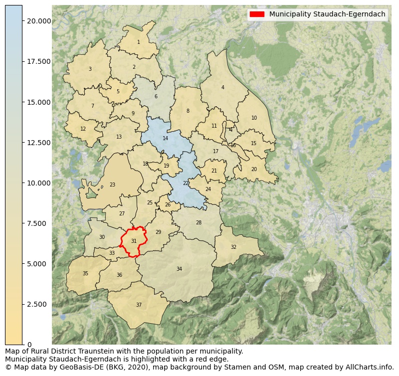 Map of Rural district Traunstein with the population per municipality.Municipality Staudach-Egerndach is highlighted with a red edge.. This page shows a lot of information about residents (such as the distribution by age groups, family composition, gender, native or German with an immigration background, ...), homes (numbers, types, price development, use, type of property, ...) and more (car ownership, energy consumption, ...) based on open data from the German Federal Agency for Cartography, the Federal Statistical Office (DESTATIS), the Regional Statistical Offices and various other sources!