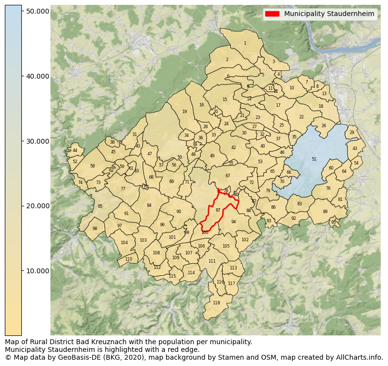 Map of Rural district Bad Kreuznach with the population per municipality.Municipality Staudernheim is highlighted with a red edge.. This page shows a lot of information about residents (such as the distribution by age groups, family composition, gender, native or German with an immigration background, ...), homes (numbers, types, price development, use, type of property, ...) and more (car ownership, energy consumption, ...) based on open data from the German Federal Agency for Cartography, the Federal Statistical Office (DESTATIS), the Regional Statistical Offices and various other sources!