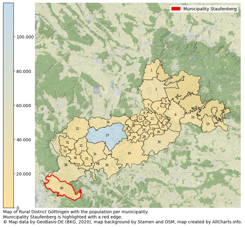 Map of Rural district Göttingen with the population per municipality.Municipality Staufenberg is highlighted with a red edge.. This page shows a lot of information about residents (such as the distribution by age groups, family composition, gender, native or German with an immigration background, ...), homes (numbers, types, price development, use, type of property, ...) and more (car ownership, energy consumption, ...) based on open data from the German Federal Agency for Cartography, the Federal Statistical Office (DESTATIS), the Regional Statistical Offices and various other sources!