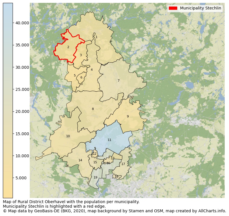 Map of Rural district Oberhavel with the population per municipality.Municipality Stechlin is highlighted with a red edge.. This page shows a lot of information about residents (such as the distribution by age groups, family composition, gender, native or German with an immigration background, ...), homes (numbers, types, price development, use, type of property, ...) and more (car ownership, energy consumption, ...) based on open data from the German Federal Agency for Cartography, the Federal Statistical Office (DESTATIS), the Regional Statistical Offices and various other sources!