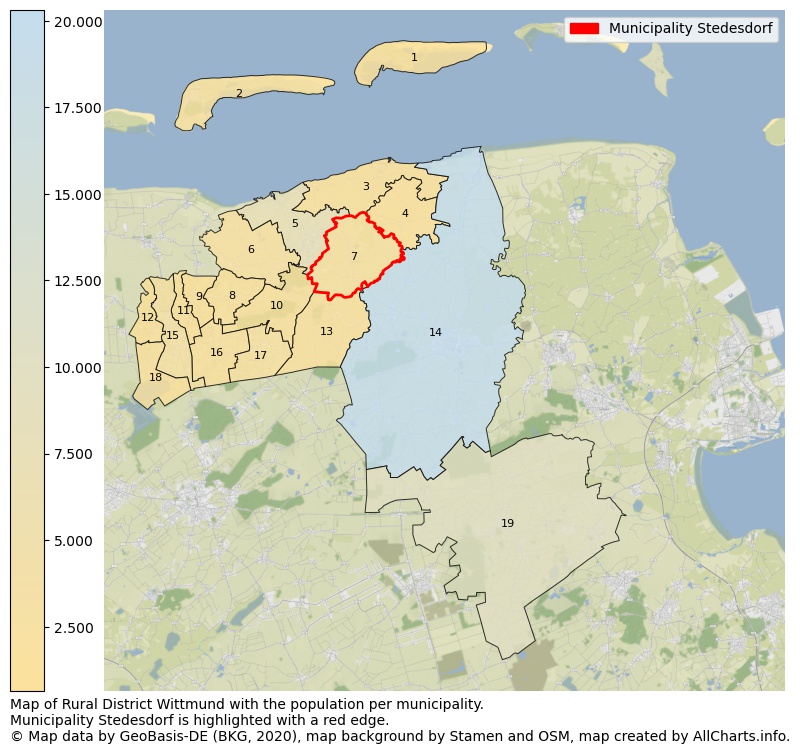 Map of Rural district Wittmund with the population per municipality.Municipality Stedesdorf is highlighted with a red edge.. This page shows a lot of information about residents (such as the distribution by age groups, family composition, gender, native or German with an immigration background, ...), homes (numbers, types, price development, use, type of property, ...) and more (car ownership, energy consumption, ...) based on open data from the German Federal Agency for Cartography, the Federal Statistical Office (DESTATIS), the Regional Statistical Offices and various other sources!