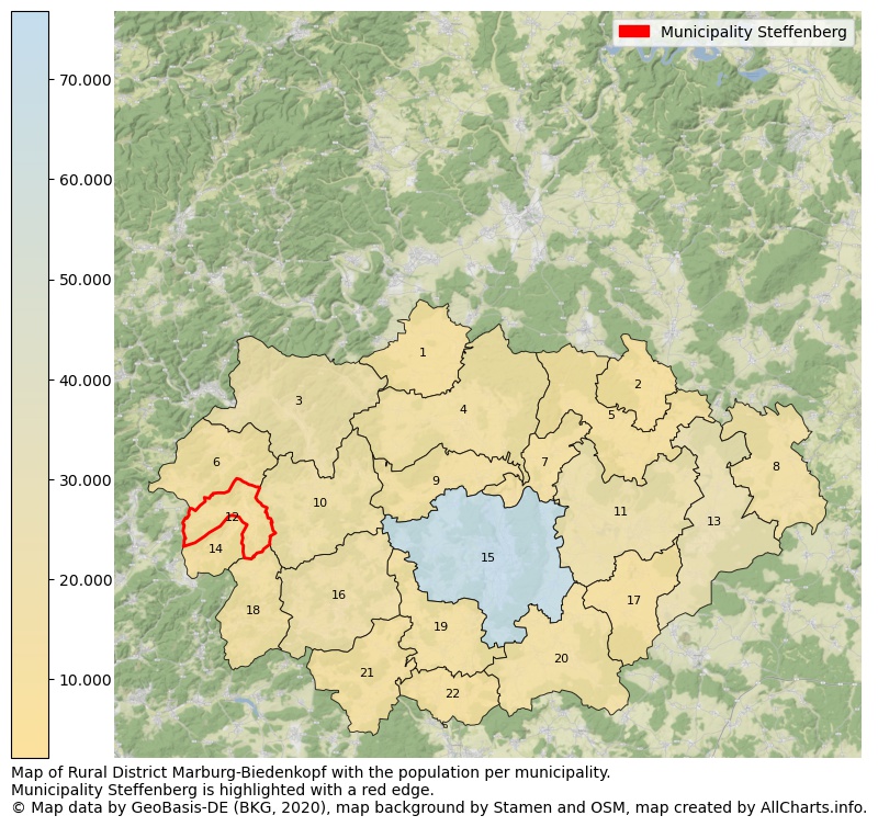 Map of Rural district Marburg-Biedenkopf with the population per municipality.Municipality Steffenberg is highlighted with a red edge.. This page shows a lot of information about residents (such as the distribution by age groups, family composition, gender, native or German with an immigration background, ...), homes (numbers, types, price development, use, type of property, ...) and more (car ownership, energy consumption, ...) based on open data from the German Federal Agency for Cartography, the Federal Statistical Office (DESTATIS), the Regional Statistical Offices and various other sources!