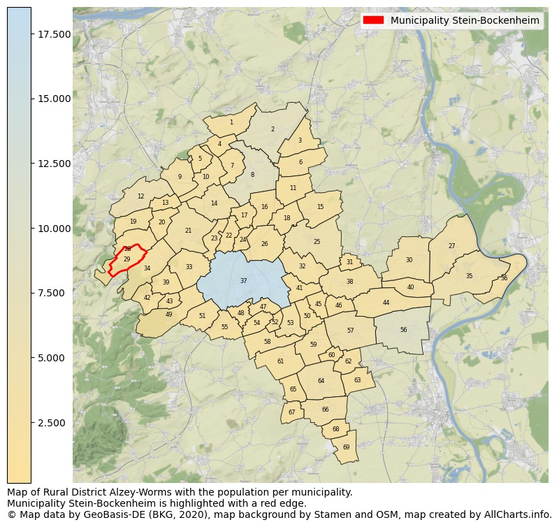 Map of Rural district Alzey-Worms with the population per municipality.Municipality Stein-Bockenheim is highlighted with a red edge.. This page shows a lot of information about residents (such as the distribution by age groups, family composition, gender, native or German with an immigration background, ...), homes (numbers, types, price development, use, type of property, ...) and more (car ownership, energy consumption, ...) based on open data from the German Federal Agency for Cartography, the Federal Statistical Office (DESTATIS), the Regional Statistical Offices and various other sources!