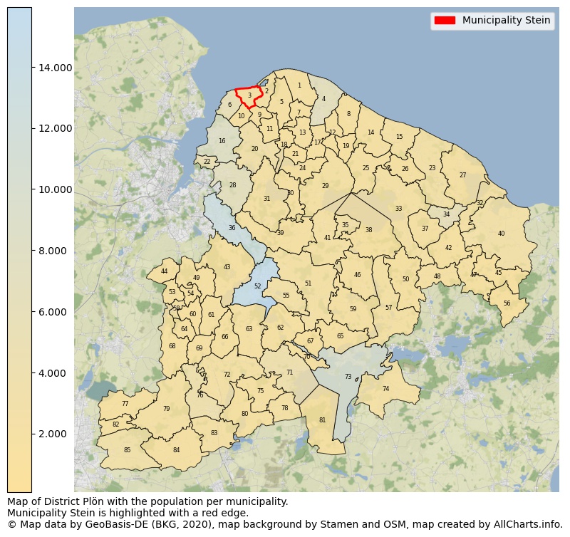 Map of District Plön with the population per municipality.Municipality Stein is highlighted with a red edge.. This page shows a lot of information about residents (such as the distribution by age groups, family composition, gender, native or German with an immigration background, ...), homes (numbers, types, price development, use, type of property, ...) and more (car ownership, energy consumption, ...) based on open data from the German Federal Agency for Cartography, the Federal Statistical Office (DESTATIS), the Regional Statistical Offices and various other sources!