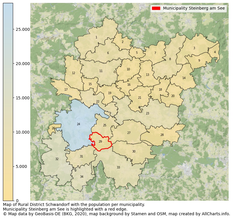 Map of Rural district Schwandorf with the population per municipality.Municipality Steinberg am See is highlighted with a red edge.. This page shows a lot of information about residents (such as the distribution by age groups, family composition, gender, native or German with an immigration background, ...), homes (numbers, types, price development, use, type of property, ...) and more (car ownership, energy consumption, ...) based on open data from the German Federal Agency for Cartography, the Federal Statistical Office (DESTATIS), the Regional Statistical Offices and various other sources!
