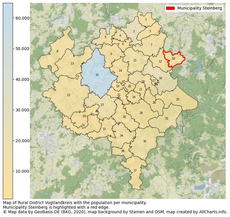 Map of Rural district Vogtlandkreis with the population per municipality.Municipality Steinberg is highlighted with a red edge.. This page shows a lot of information about residents (such as the distribution by age groups, family composition, gender, native or German with an immigration background, ...), homes (numbers, types, price development, use, type of property, ...) and more (car ownership, energy consumption, ...) based on open data from the German Federal Agency for Cartography, the Federal Statistical Office (DESTATIS), the Regional Statistical Offices and various other sources!