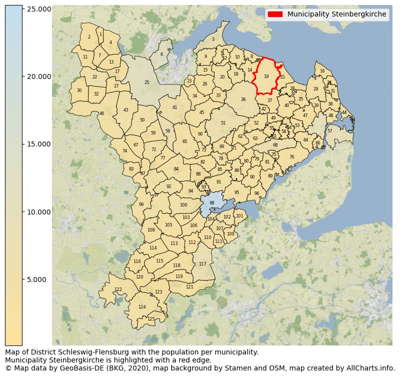 Map of District Schleswig-Flensburg with the population per municipality.Municipality Steinbergkirche is highlighted with a red edge.. This page shows a lot of information about residents (such as the distribution by age groups, family composition, gender, native or German with an immigration background, ...), homes (numbers, types, price development, use, type of property, ...) and more (car ownership, energy consumption, ...) based on open data from the German Federal Agency for Cartography, the Federal Statistical Office (DESTATIS), the Regional Statistical Offices and various other sources!