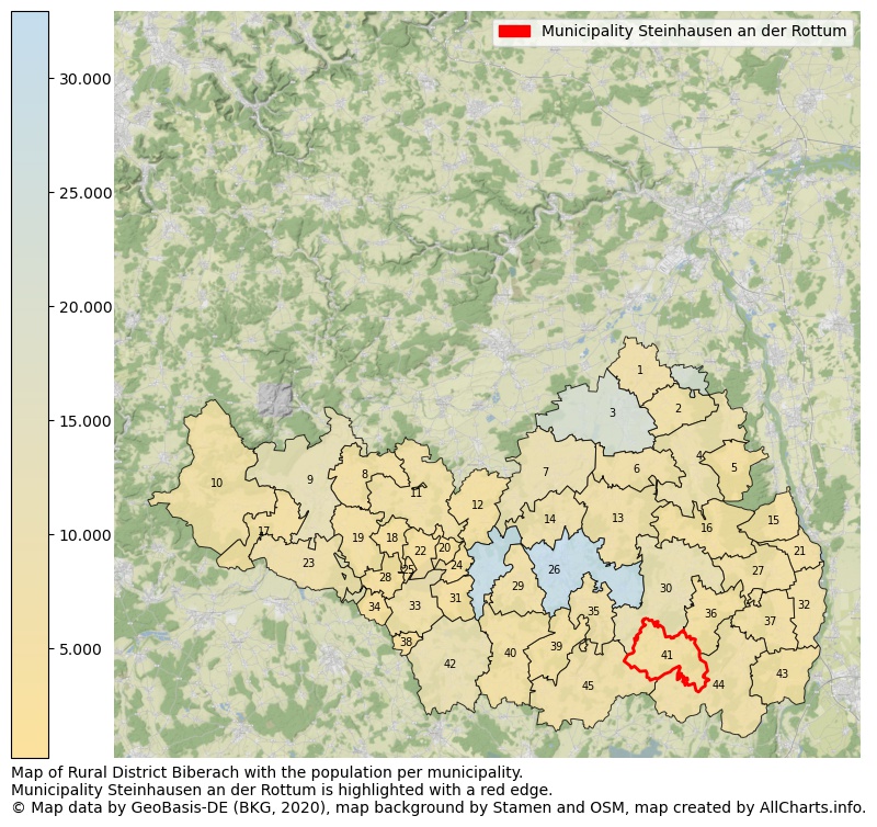 Map of Rural district Biberach with the population per municipality.Municipality Steinhausen an der Rottum is highlighted with a red edge.. This page shows a lot of information about residents (such as the distribution by age groups, family composition, gender, native or German with an immigration background, ...), homes (numbers, types, price development, use, type of property, ...) and more (car ownership, energy consumption, ...) based on open data from the German Federal Agency for Cartography, the Federal Statistical Office (DESTATIS), the Regional Statistical Offices and various other sources!