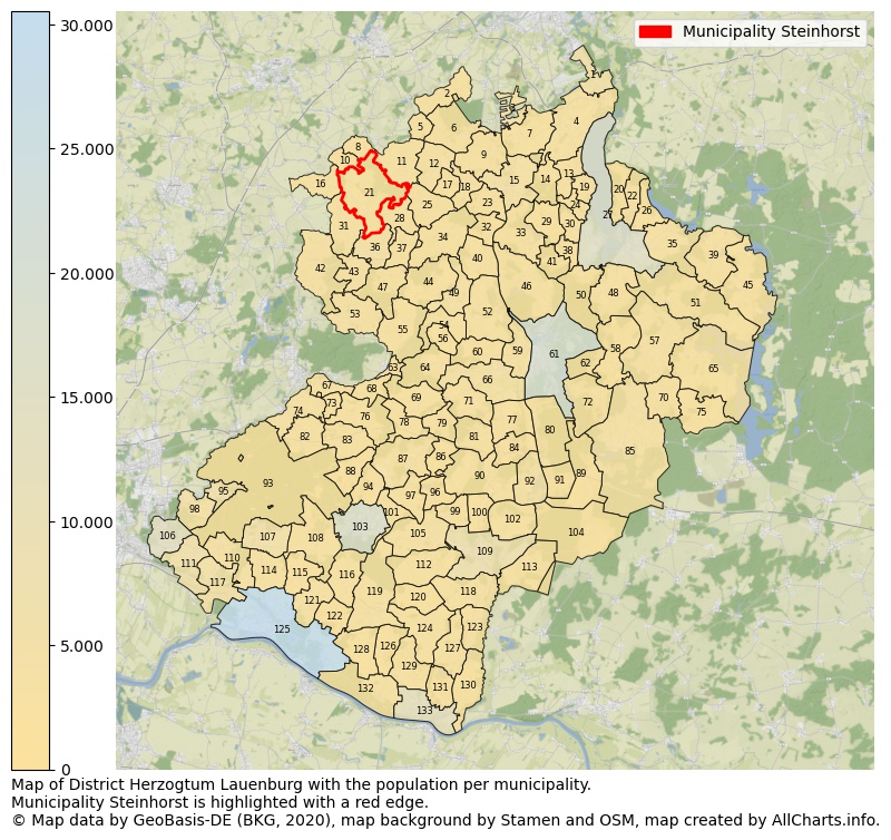 Map of District Herzogtum Lauenburg with the population per municipality.Municipality Steinhorst is highlighted with a red edge.. This page shows a lot of information about residents (such as the distribution by age groups, family composition, gender, native or German with an immigration background, ...), homes (numbers, types, price development, use, type of property, ...) and more (car ownership, energy consumption, ...) based on open data from the German Federal Agency for Cartography, the Federal Statistical Office (DESTATIS), the Regional Statistical Offices and various other sources!