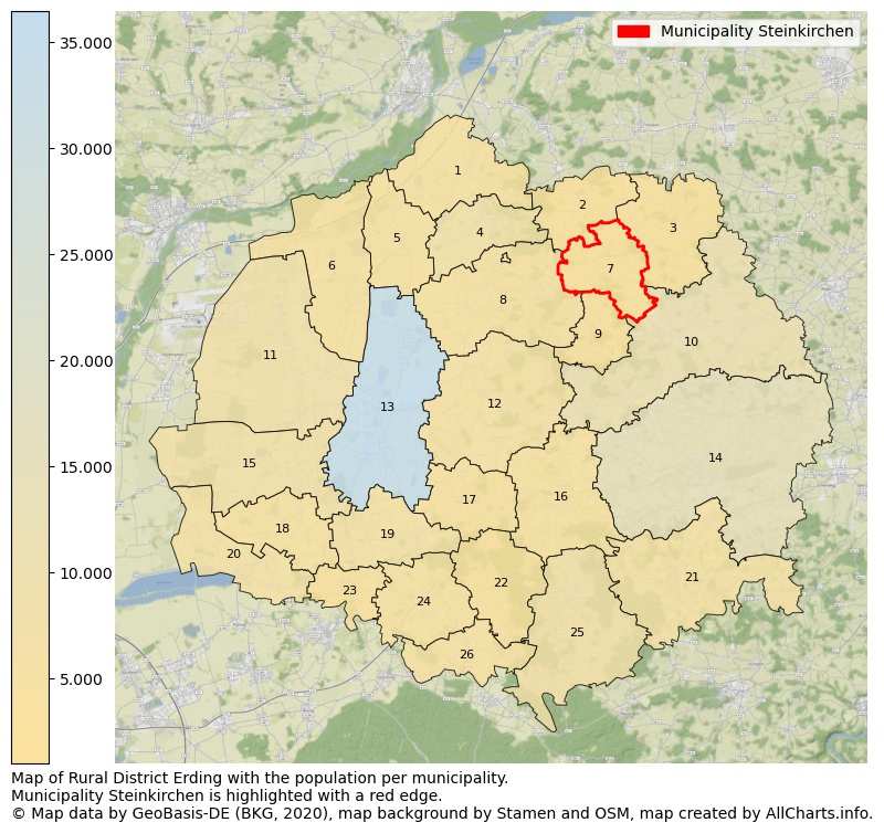 Map of Rural district Erding with the population per municipality.Municipality Steinkirchen is highlighted with a red edge.. This page shows a lot of information about residents (such as the distribution by age groups, family composition, gender, native or German with an immigration background, ...), homes (numbers, types, price development, use, type of property, ...) and more (car ownership, energy consumption, ...) based on open data from the German Federal Agency for Cartography, the Federal Statistical Office (DESTATIS), the Regional Statistical Offices and various other sources!