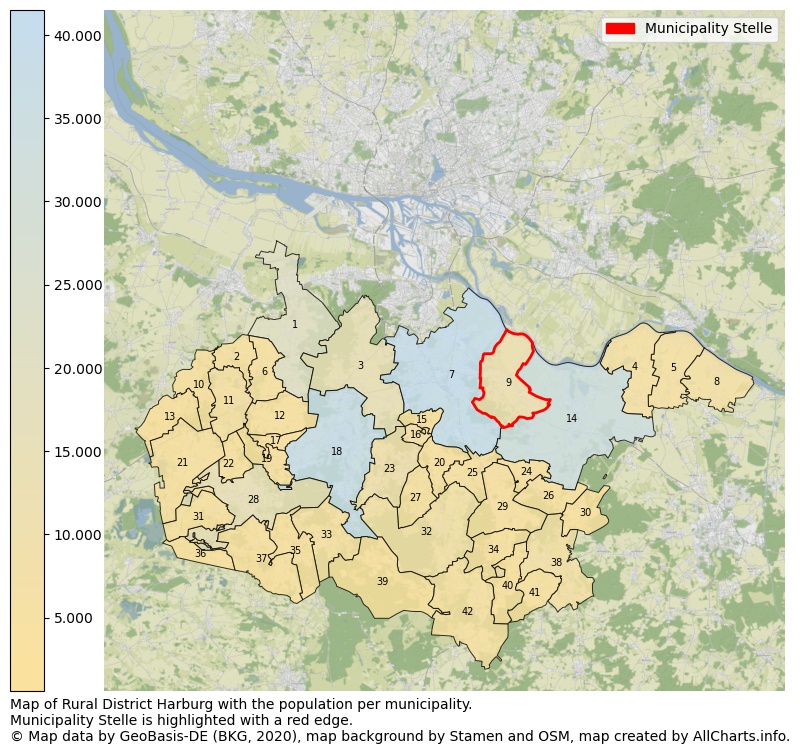 Map of Rural district Harburg with the population per municipality.Municipality Stelle is highlighted with a red edge.. This page shows a lot of information about residents (such as the distribution by age groups, family composition, gender, native or German with an immigration background, ...), homes (numbers, types, price development, use, type of property, ...) and more (car ownership, energy consumption, ...) based on open data from the German Federal Agency for Cartography, the Federal Statistical Office (DESTATIS), the Regional Statistical Offices and various other sources!