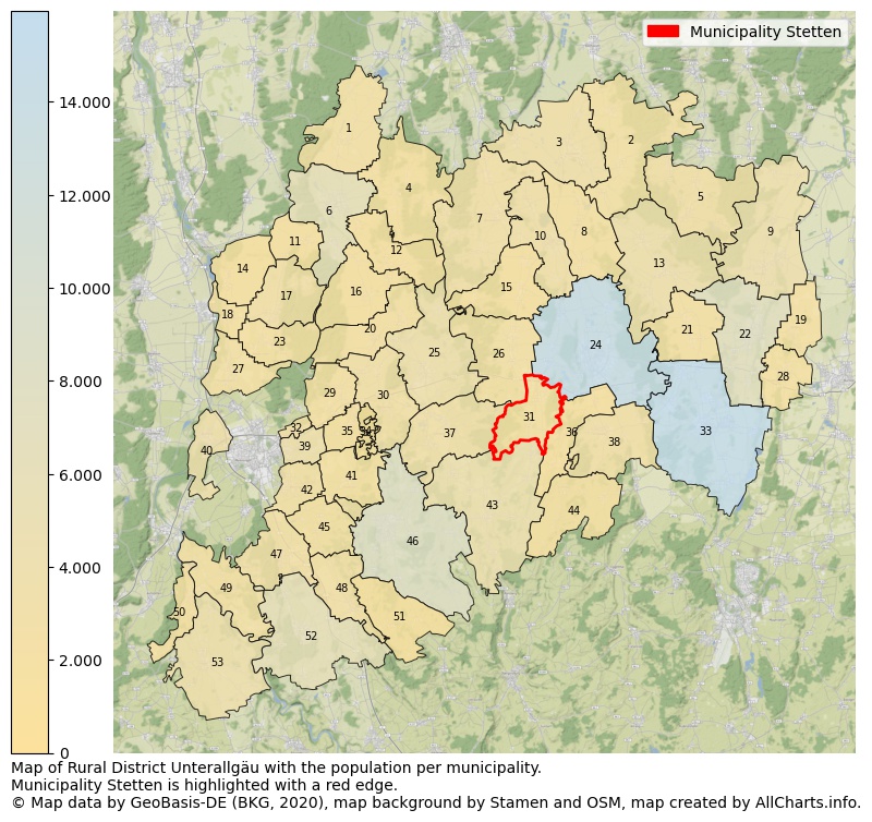 Map of Rural district Unterallgäu with the population per municipality.Municipality Stetten is highlighted with a red edge.. This page shows a lot of information about residents (such as the distribution by age groups, family composition, gender, native or German with an immigration background, ...), homes (numbers, types, price development, use, type of property, ...) and more (car ownership, energy consumption, ...) based on open data from the German Federal Agency for Cartography, the Federal Statistical Office (DESTATIS), the Regional Statistical Offices and various other sources!