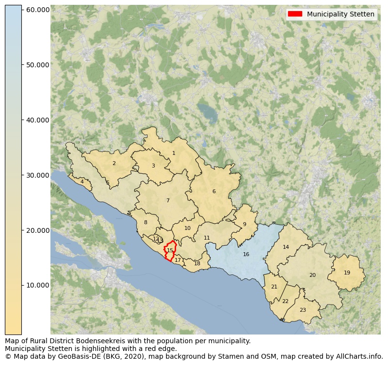 Map of Rural district Bodenseekreis with the population per municipality.Municipality Stetten is highlighted with a red edge.. This page shows a lot of information about residents (such as the distribution by age groups, family composition, gender, native or German with an immigration background, ...), homes (numbers, types, price development, use, type of property, ...) and more (car ownership, energy consumption, ...) based on open data from the German Federal Agency for Cartography, the Federal Statistical Office (DESTATIS), the Regional Statistical Offices and various other sources!