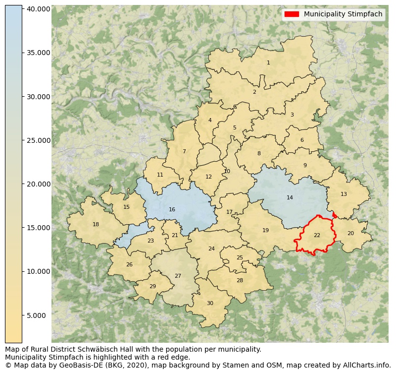 Map of Rural district Schwäbisch Hall with the population per municipality.Municipality Stimpfach is highlighted with a red edge.. This page shows a lot of information about residents (such as the distribution by age groups, family composition, gender, native or German with an immigration background, ...), homes (numbers, types, price development, use, type of property, ...) and more (car ownership, energy consumption, ...) based on open data from the German Federal Agency for Cartography, the Federal Statistical Office (DESTATIS), the Regional Statistical Offices and various other sources!