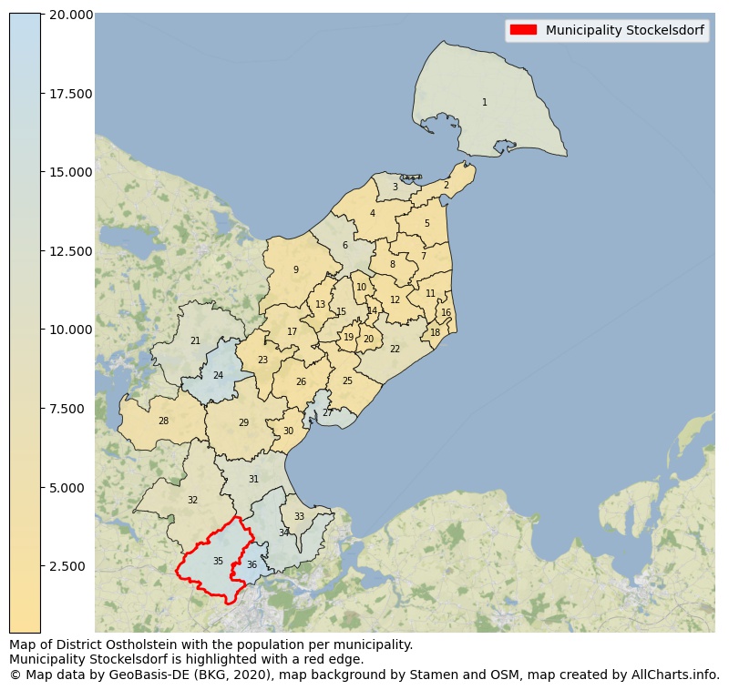 Map of District Ostholstein with the population per municipality.Municipality Stockelsdorf is highlighted with a red edge.. This page shows a lot of information about residents (such as the distribution by age groups, family composition, gender, native or German with an immigration background, ...), homes (numbers, types, price development, use, type of property, ...) and more (car ownership, energy consumption, ...) based on open data from the German Federal Agency for Cartography, the Federal Statistical Office (DESTATIS), the Regional Statistical Offices and various other sources!