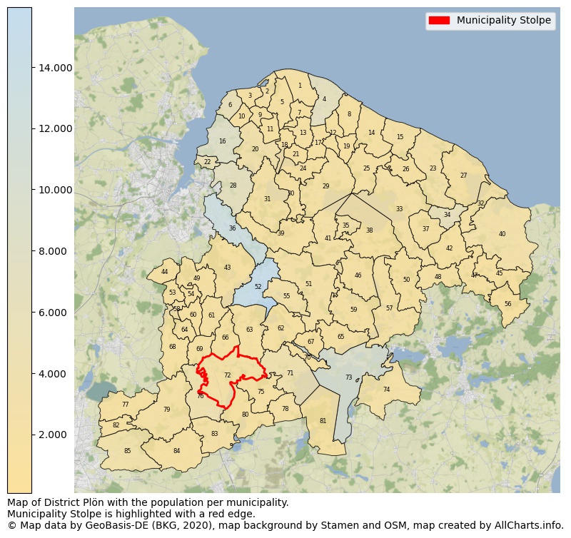 Map of District Plön with the population per municipality.Municipality Stolpe is highlighted with a red edge.. This page shows a lot of information about residents (such as the distribution by age groups, family composition, gender, native or German with an immigration background, ...), homes (numbers, types, price development, use, type of property, ...) and more (car ownership, energy consumption, ...) based on open data from the German Federal Agency for Cartography, the Federal Statistical Office (DESTATIS), the Regional Statistical Offices and various other sources!