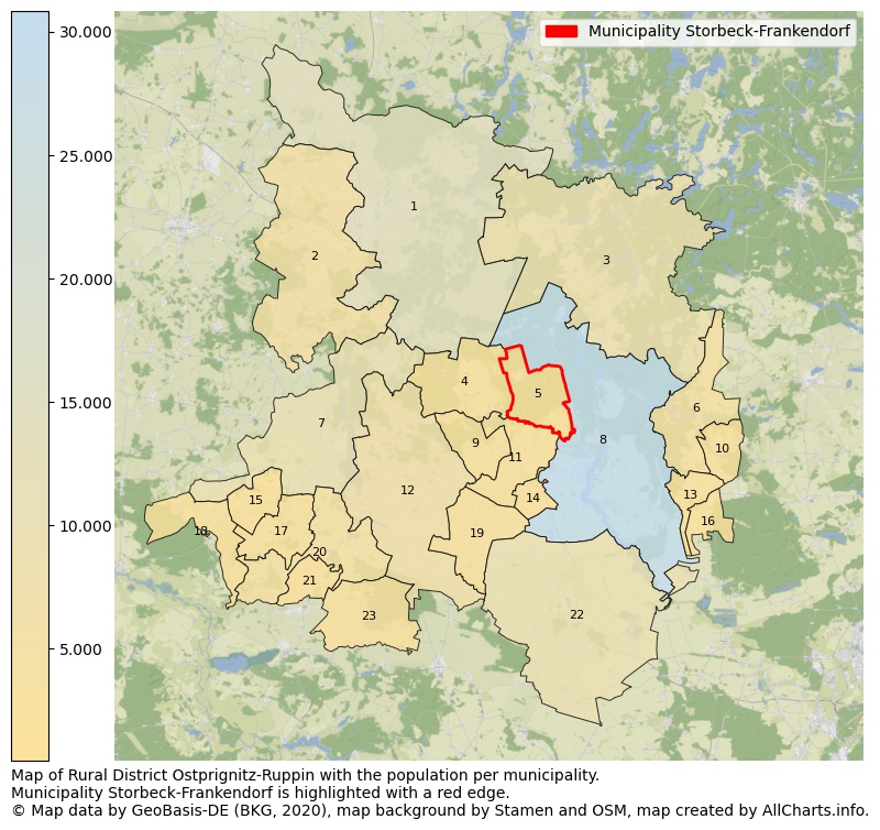 Map of Rural district Ostprignitz-Ruppin with the population per municipality.Municipality Storbeck-Frankendorf is highlighted with a red edge.. This page shows a lot of information about residents (such as the distribution by age groups, family composition, gender, native or German with an immigration background, ...), homes (numbers, types, price development, use, type of property, ...) and more (car ownership, energy consumption, ...) based on open data from the German Federal Agency for Cartography, the Federal Statistical Office (DESTATIS), the Regional Statistical Offices and various other sources!