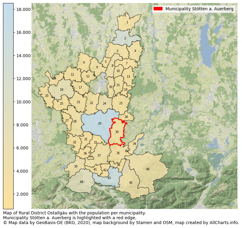 Map of Rural district Ostallgäu with the population per municipality.Municipality Stötten a. Auerberg is highlighted with a red edge.. This page shows a lot of information about residents (such as the distribution by age groups, family composition, gender, native or German with an immigration background, ...), homes (numbers, types, price development, use, type of property, ...) and more (car ownership, energy consumption, ...) based on open data from the German Federal Agency for Cartography, the Federal Statistical Office (DESTATIS), the Regional Statistical Offices and various other sources!