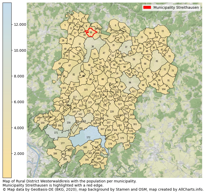 Map of Rural district Westerwaldkreis with the population per municipality.Municipality Streithausen is highlighted with a red edge.. This page shows a lot of information about residents (such as the distribution by age groups, family composition, gender, native or German with an immigration background, ...), homes (numbers, types, price development, use, type of property, ...) and more (car ownership, energy consumption, ...) based on open data from the German Federal Agency for Cartography, the Federal Statistical Office (DESTATIS), the Regional Statistical Offices and various other sources!