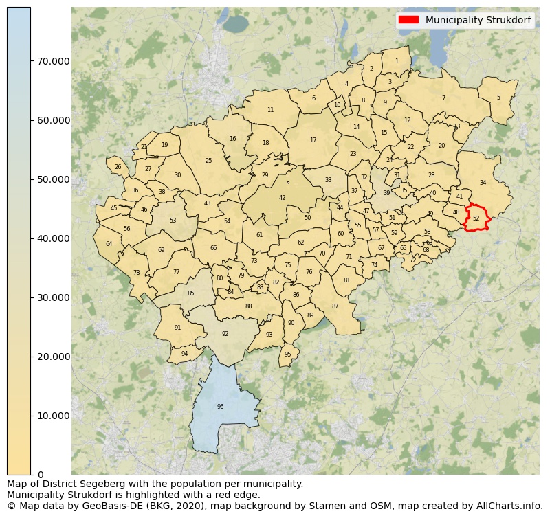 Map of District Segeberg with the population per municipality.Municipality Strukdorf is highlighted with a red edge.. This page shows a lot of information about residents (such as the distribution by age groups, family composition, gender, native or German with an immigration background, ...), homes (numbers, types, price development, use, type of property, ...) and more (car ownership, energy consumption, ...) based on open data from the German Federal Agency for Cartography, the Federal Statistical Office (DESTATIS), the Regional Statistical Offices and various other sources!