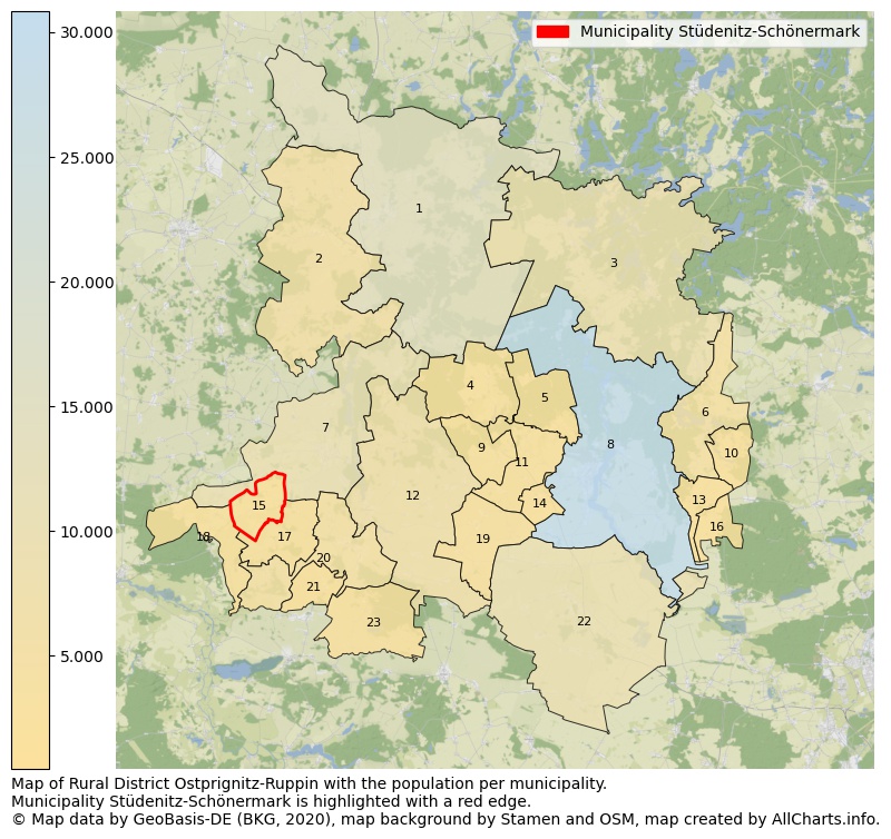 Map of Rural district Ostprignitz-Ruppin with the population per municipality.Municipality Stüdenitz-Schönermark is highlighted with a red edge.. This page shows a lot of information about residents (such as the distribution by age groups, family composition, gender, native or German with an immigration background, ...), homes (numbers, types, price development, use, type of property, ...) and more (car ownership, energy consumption, ...) based on open data from the German Federal Agency for Cartography, the Federal Statistical Office (DESTATIS), the Regional Statistical Offices and various other sources!