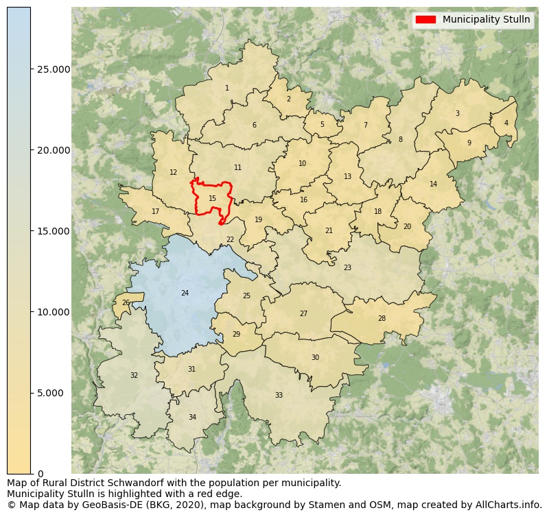 Map of Rural district Schwandorf with the population per municipality.Municipality Stulln is highlighted with a red edge.. This page shows a lot of information about residents (such as the distribution by age groups, family composition, gender, native or German with an immigration background, ...), homes (numbers, types, price development, use, type of property, ...) and more (car ownership, energy consumption, ...) based on open data from the German Federal Agency for Cartography, the Federal Statistical Office (DESTATIS), the Regional Statistical Offices and various other sources!