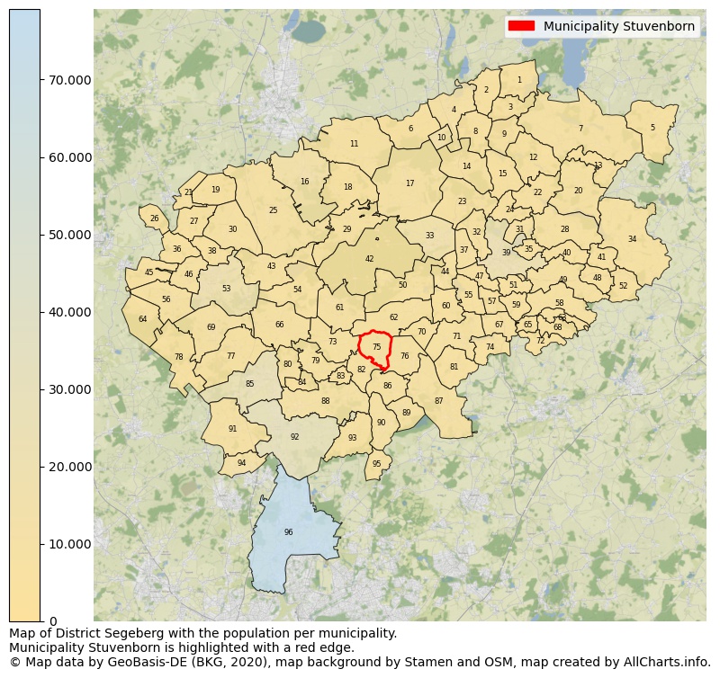 Map of District Segeberg with the population per municipality.Municipality Stuvenborn is highlighted with a red edge.. This page shows a lot of information about residents (such as the distribution by age groups, family composition, gender, native or German with an immigration background, ...), homes (numbers, types, price development, use, type of property, ...) and more (car ownership, energy consumption, ...) based on open data from the German Federal Agency for Cartography, the Federal Statistical Office (DESTATIS), the Regional Statistical Offices and various other sources!