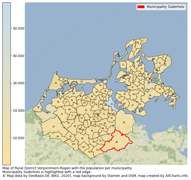 Map of Rural district Vorpommern-Rügen with the population per municipality.Municipality Süderholz is highlighted with a red edge.. This page shows a lot of information about residents (such as the distribution by age groups, family composition, gender, native or German with an immigration background, ...), homes (numbers, types, price development, use, type of property, ...) and more (car ownership, energy consumption, ...) based on open data from the German Federal Agency for Cartography, the Federal Statistical Office (DESTATIS), the Regional Statistical Offices and various other sources!