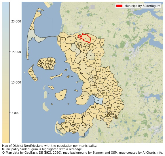 Map of District Nordfriesland with the population per municipality.Municipality Süderlügum is highlighted with a red edge.. This page shows a lot of information about residents (such as the distribution by age groups, family composition, gender, native or German with an immigration background, ...), homes (numbers, types, price development, use, type of property, ...) and more (car ownership, energy consumption, ...) based on open data from the German Federal Agency for Cartography, the Federal Statistical Office (DESTATIS), the Regional Statistical Offices and various other sources!